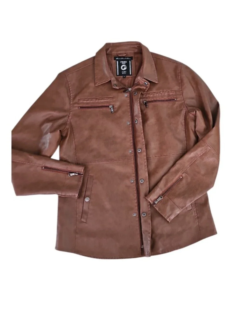 Fried Denim Faux Leather Jacket Men’s L Brown Moto Trucker Shirt Jacket Soft